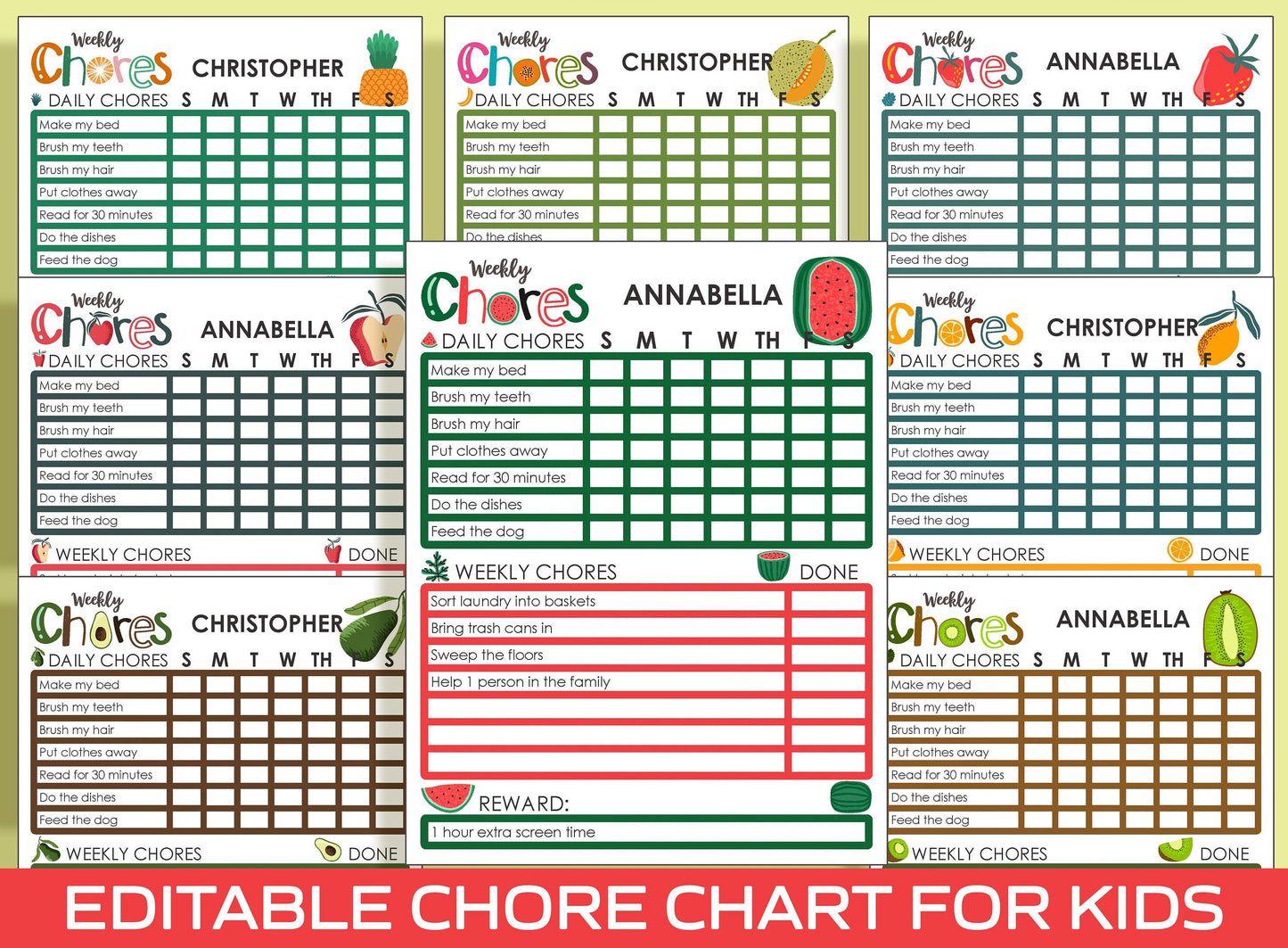 Chore Chart for Kids - Fruit, Printable/Editable Chore Chart for Kids, Responsibility, Boys & Girls To Do List, Reward Chart, Routine
