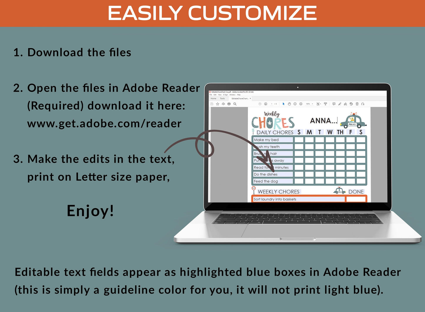 Chore Chart for Kids - Car, Printable/Editable Chore Chart for Kids, Responsibility, Boys/Girls To Do List, Reward Chart/Routine