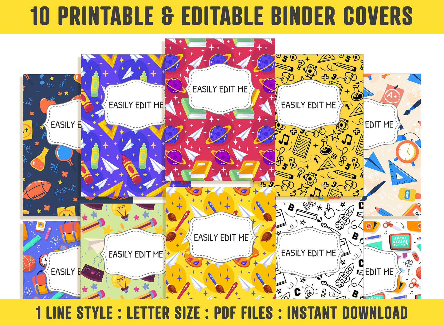 Back To School Binder Cover, 10 Printable & Editable Binder Covers + Spines, Binder Inserts, Teacher/School Planner Cover, Student Binder