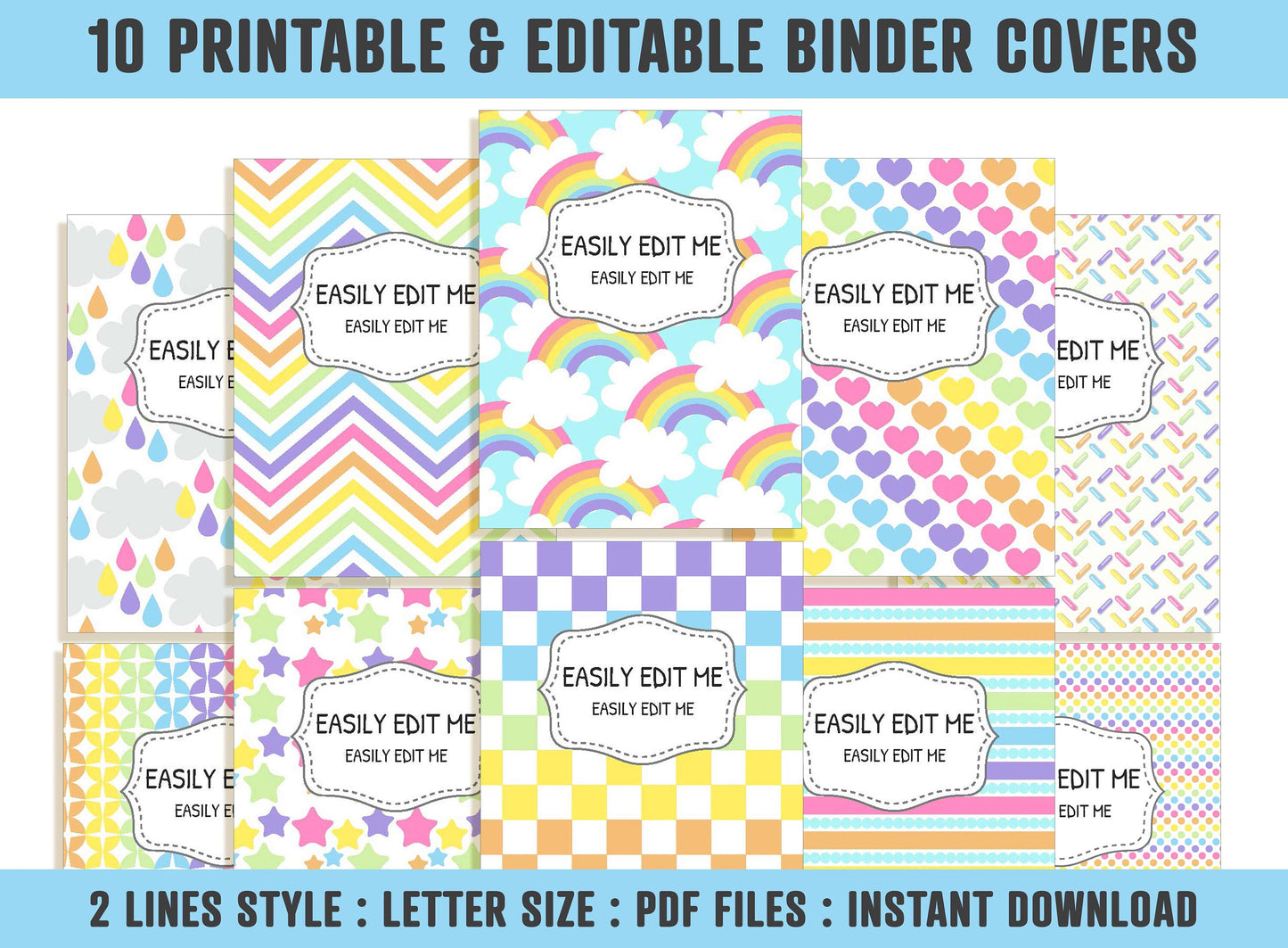 Sweet Rainbow Binder Cover, 10 Printable & Editable Binder Covers + Spines, Binder Inserts, Teacher/School Planner Cover Template