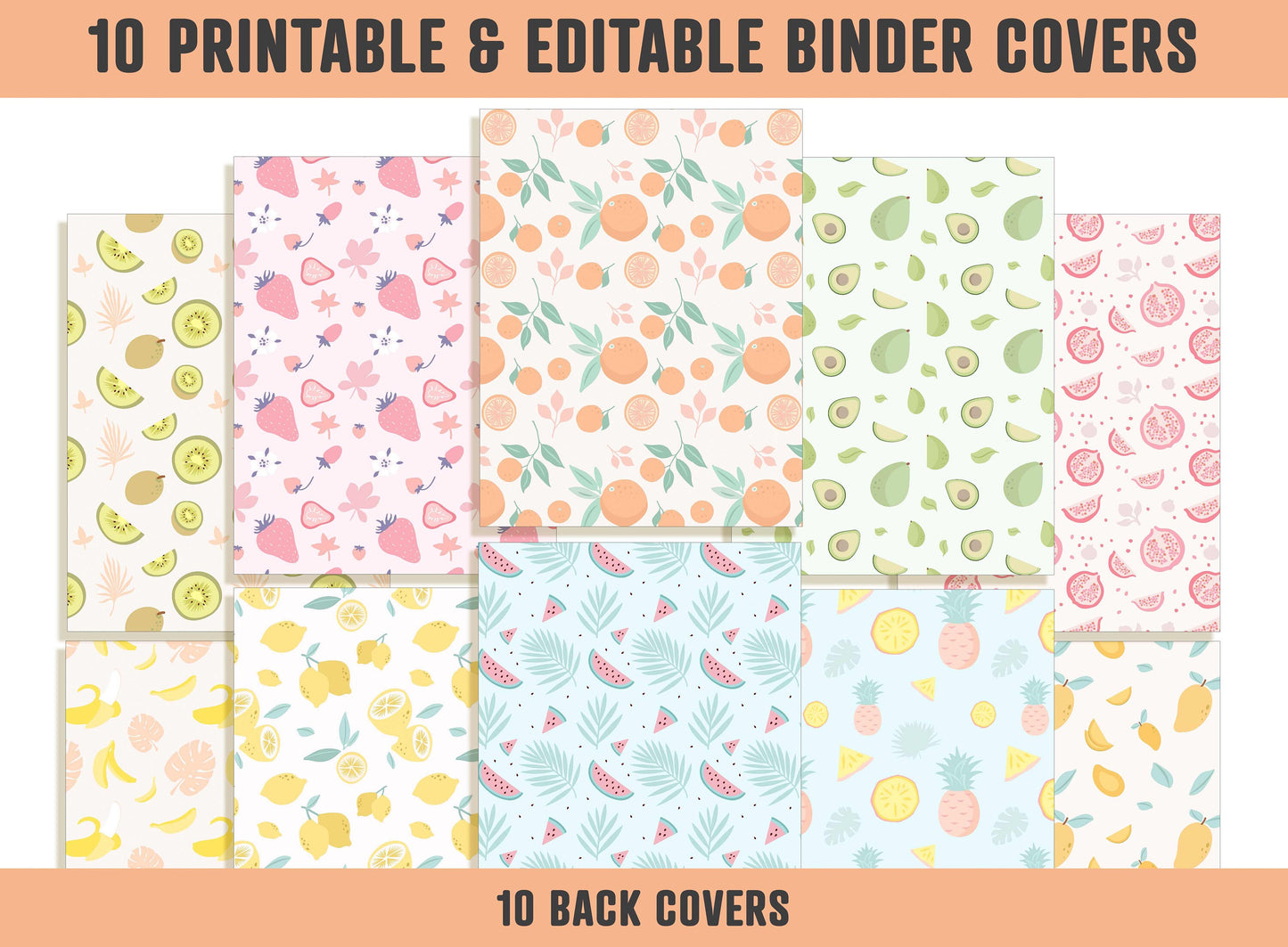 Tropical Fruits and Berries Binder Cover, 10 Printable & Editable Binder Covers+Spines, Binder Inserts,Teacher/School Planner Cover Template