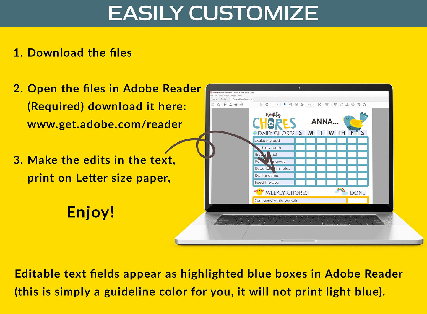 Chore Chart for Kids - Bird, Printable/Editable Chore Chart for Kids, Responsibility, Boys/Girls To Do List, Reward Chart/Routine
