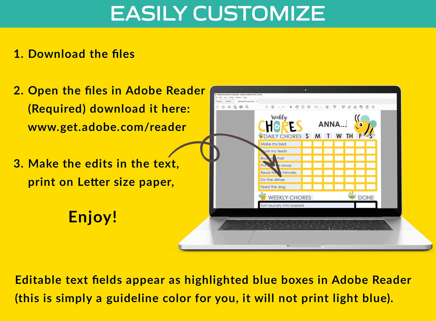 Chore Chart for Kids - Insect, Bee, Printable/Editable Chore Chart for Kids, Responsibility, Boys/Girls To Do List, Reward Chart/Routine