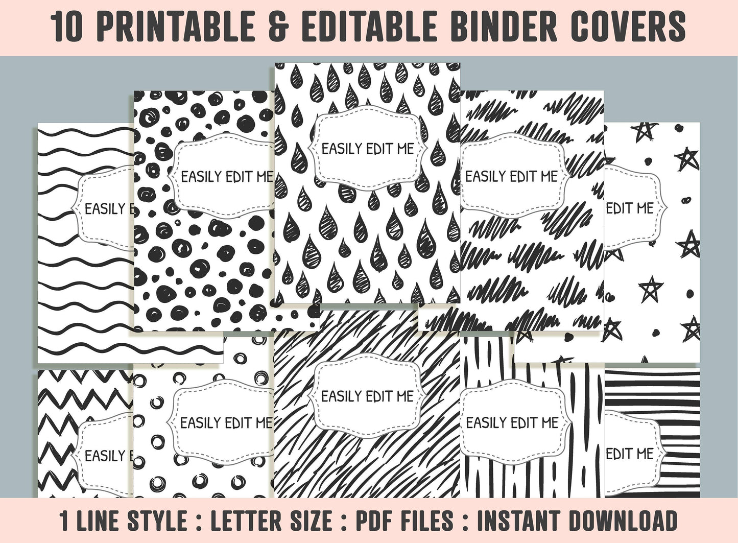 Texture, Curved Lines Binder Cover, 10 Printable & Editable Black/White Binder Covers + Spines, Binder Inserts, Teacher/School Planner Cover