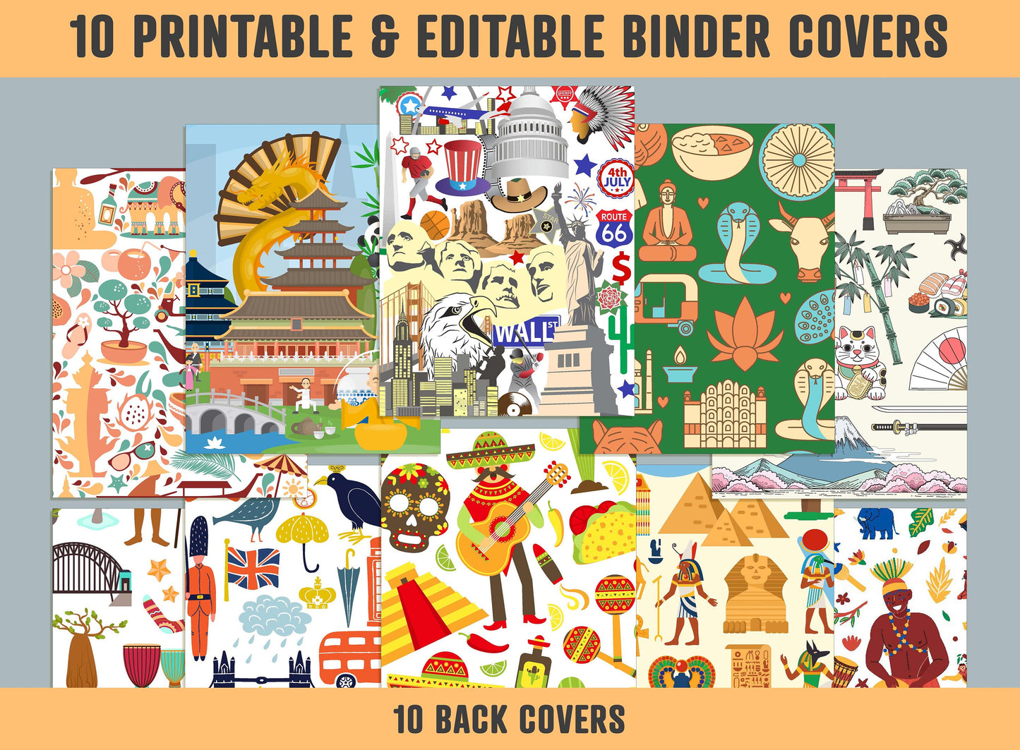 Cultural Travel Binder Cover, 10 Printable & Editable Binder Covers + Spines, Binder Inserts, Teacher/School Planner Cover Template