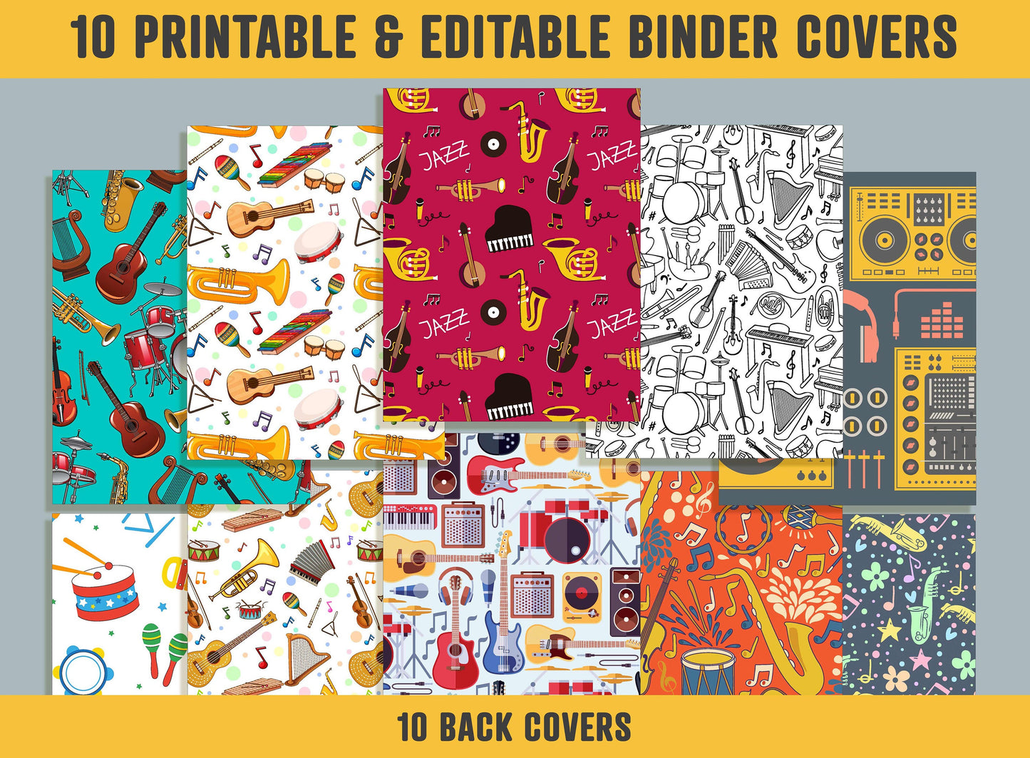Musical Instruments Binder Cover, 10 Printable & Editable Binder Covers + Spines, Binder Inserts, Teacher/School Planner Cover Template