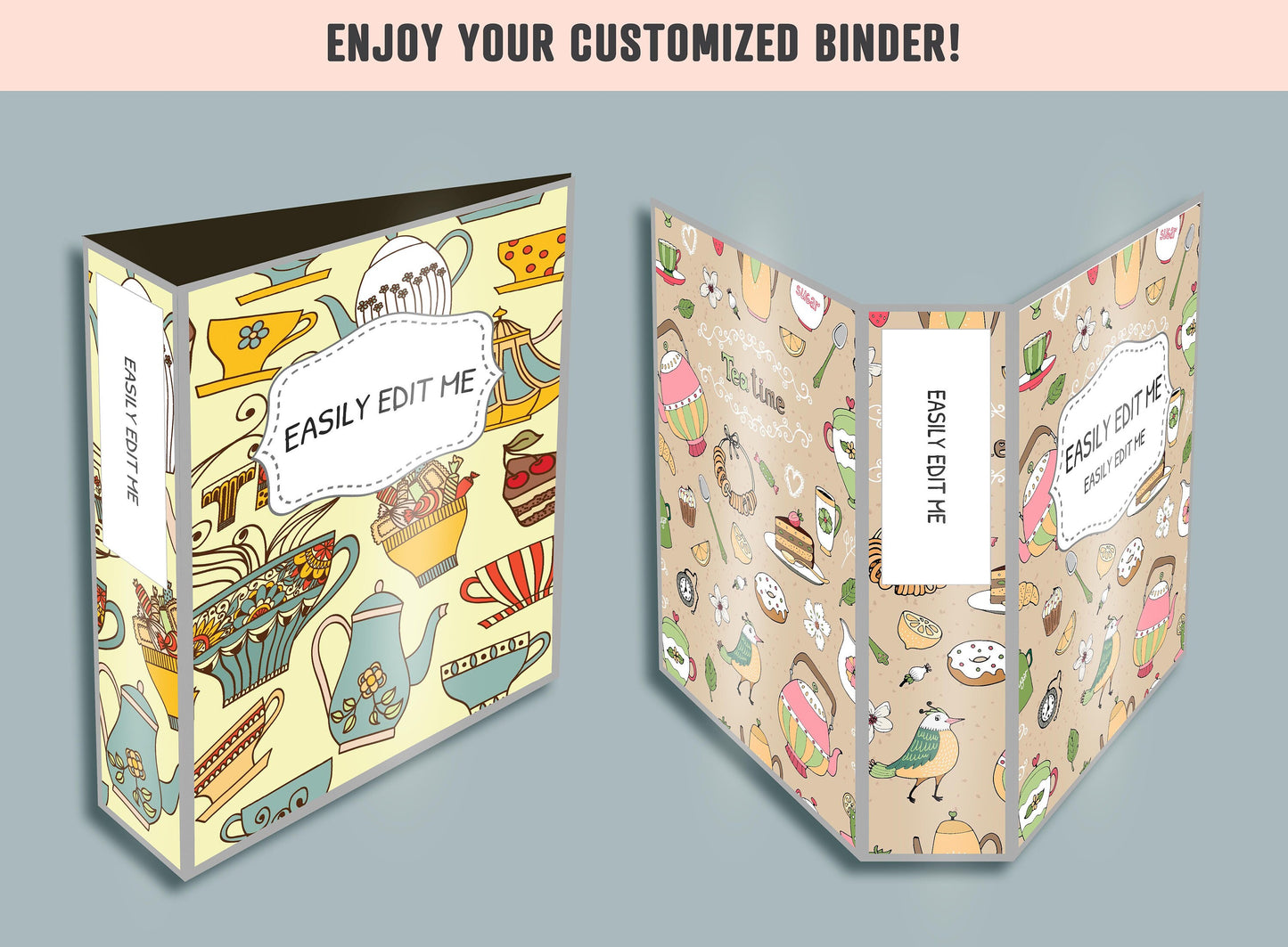 Cups and Teapots Binder Cover, 10 Printable & Editable Binder Covers + Spines, Binder Inserts, Teacher/School Planner Cover Template
