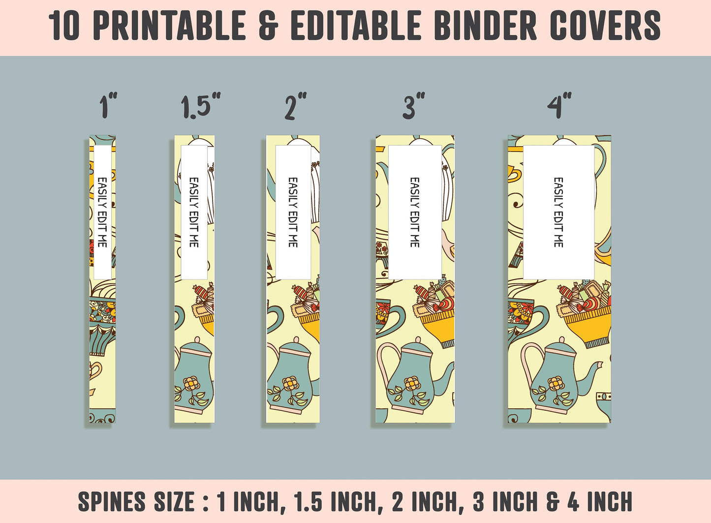 Cups and Teapots Binder Cover, 10 Printable & Editable Binder Covers + Spines, Binder Inserts, Teacher/School Planner Cover Template