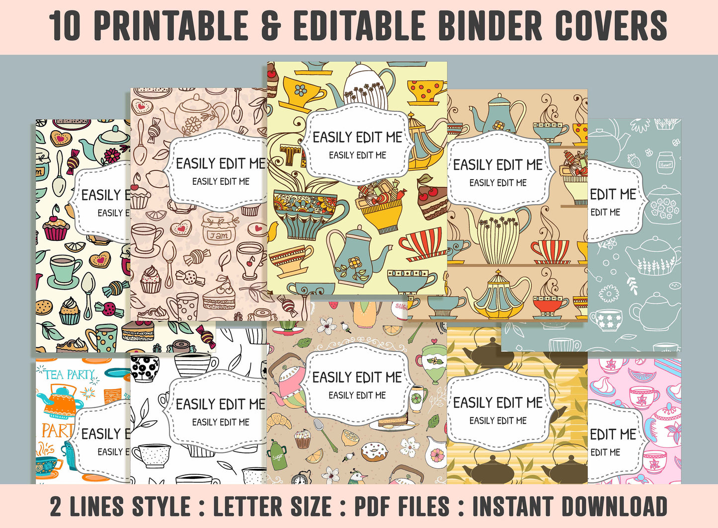 Cups and Teapots Binder Cover, 10 Printable & Editable Binder Covers + Spines, Binder Inserts, Teacher/School Planner Cover Template