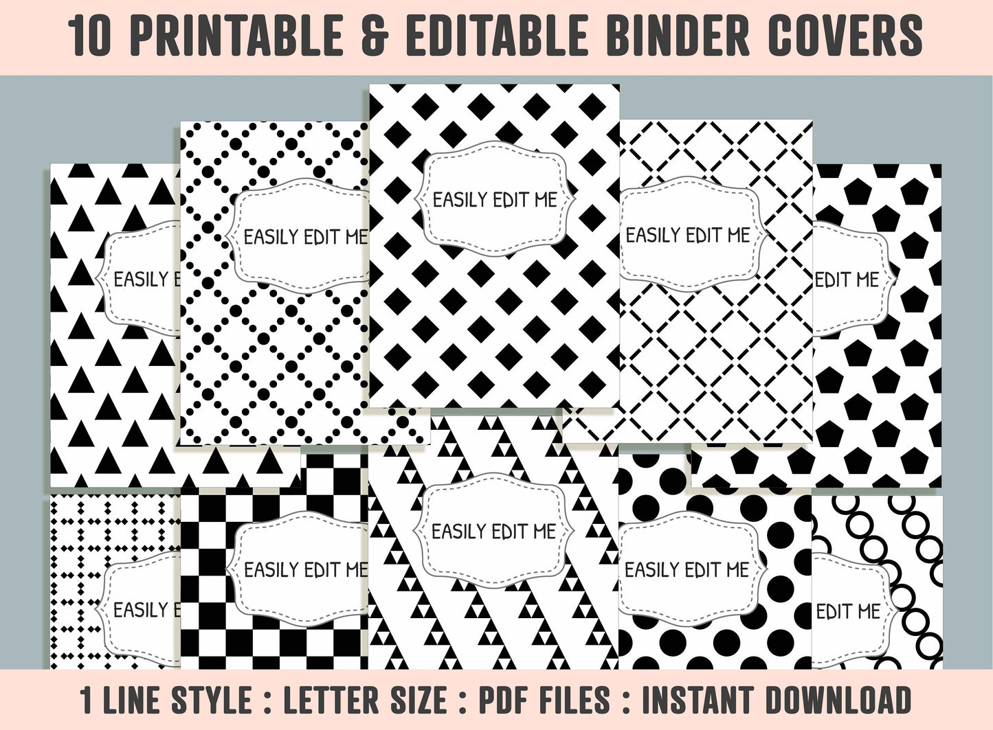 Abstract Black and White Binder Cover, 10 Printable & Editable Binder Covers + Spines, Binder Inserts, Teacher/School Planner Template