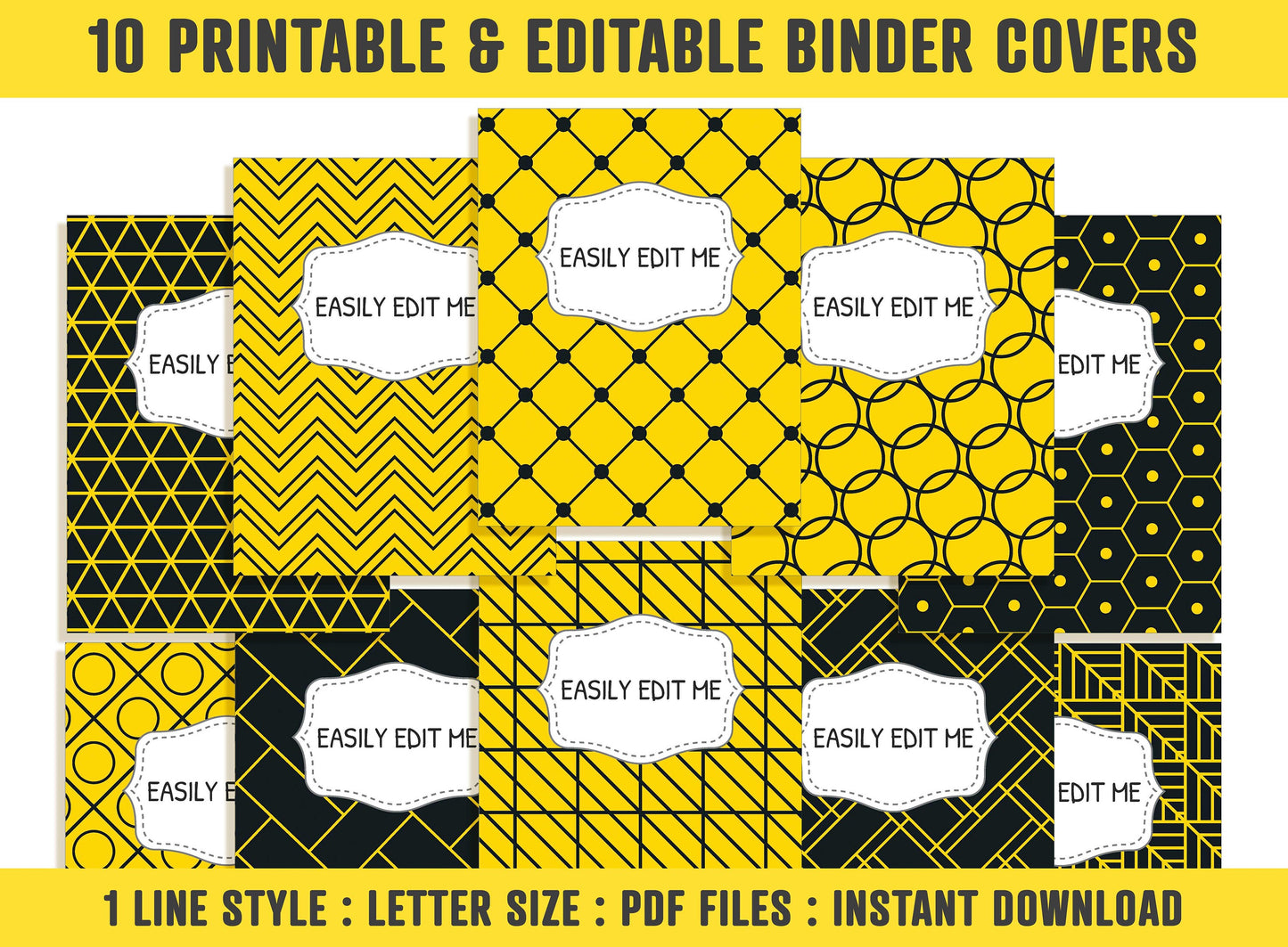 Yellow and Black Binder Cover, 10 Printable & Editable Binder Covers + Spines, Binder Inserts, Teacher/School Planner Template