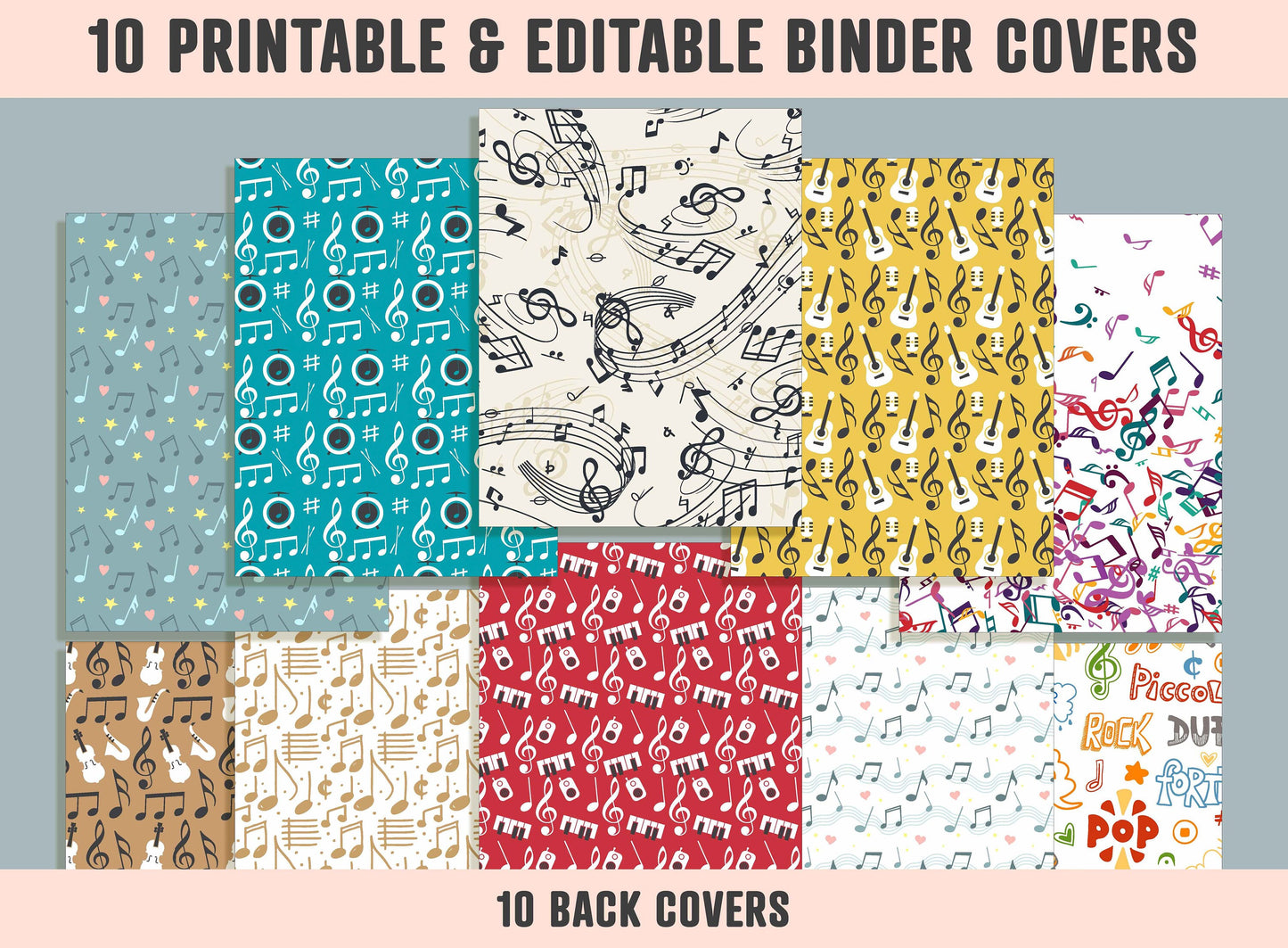 Musical Notes Binder Cover, 10 Printable/Editable Covers+Spines, Teacher/School Binder Template, Music Planner Cover, Note Planner Insert