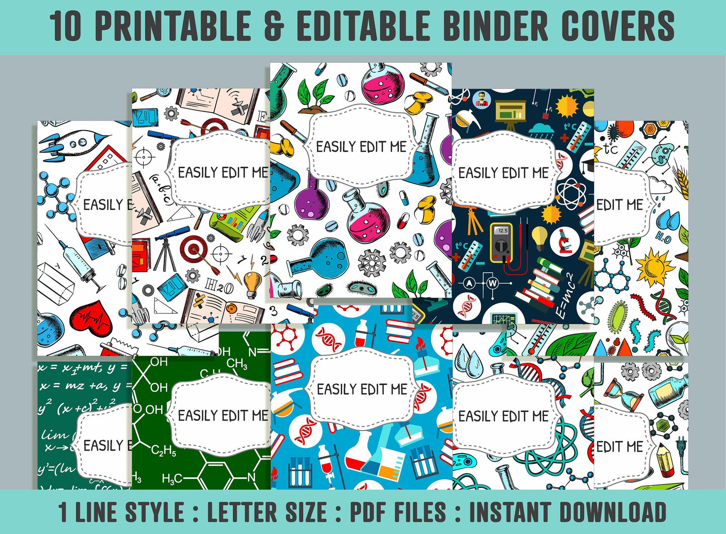 Science Pattern Binder Cover, 10 Printable & Editable Binder Covers + Spines, Binder Inserts, Teacher/School Planner Template