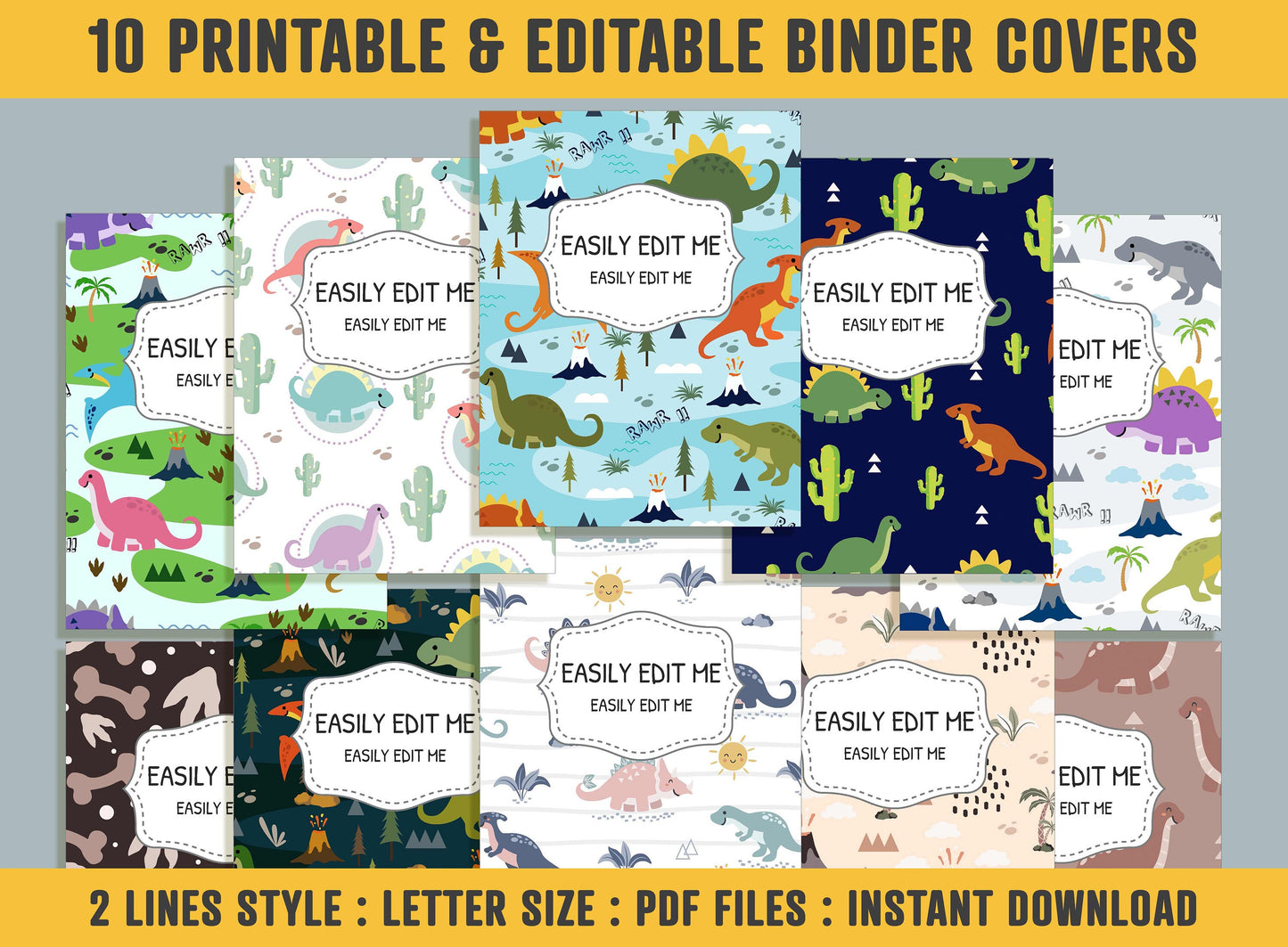 Cute Dinosaur Family Binder Cover, 10 Printable & Editable Binder Covers + Spines, Binder Inserts, Teacher/School Planner Cover Template