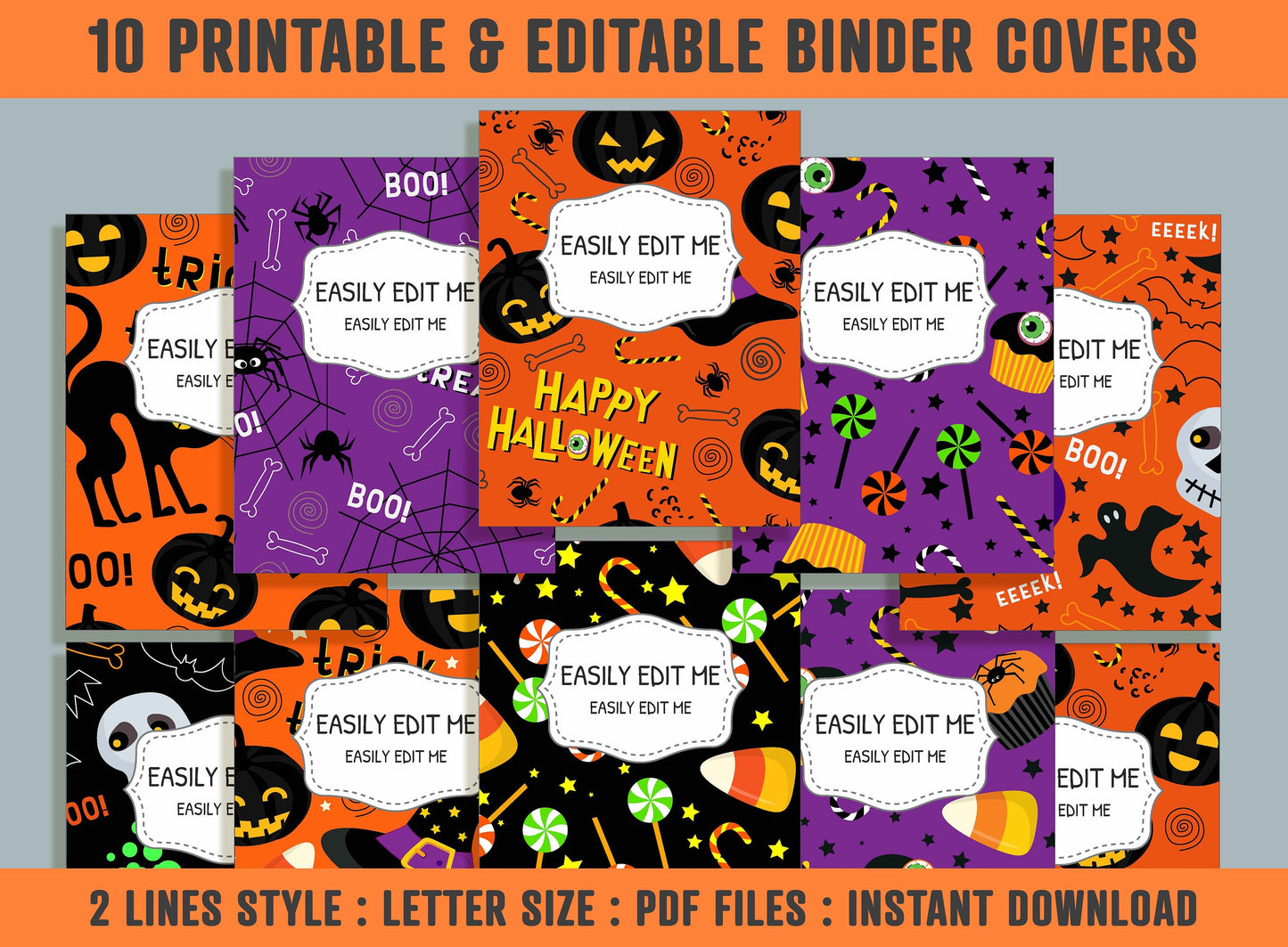 Halloween Cartoon Trick or Treat Binder Cover, 10 Printable & Editable Binder Covers+Spines, Binder Inserts, Teacher/School Planner Template