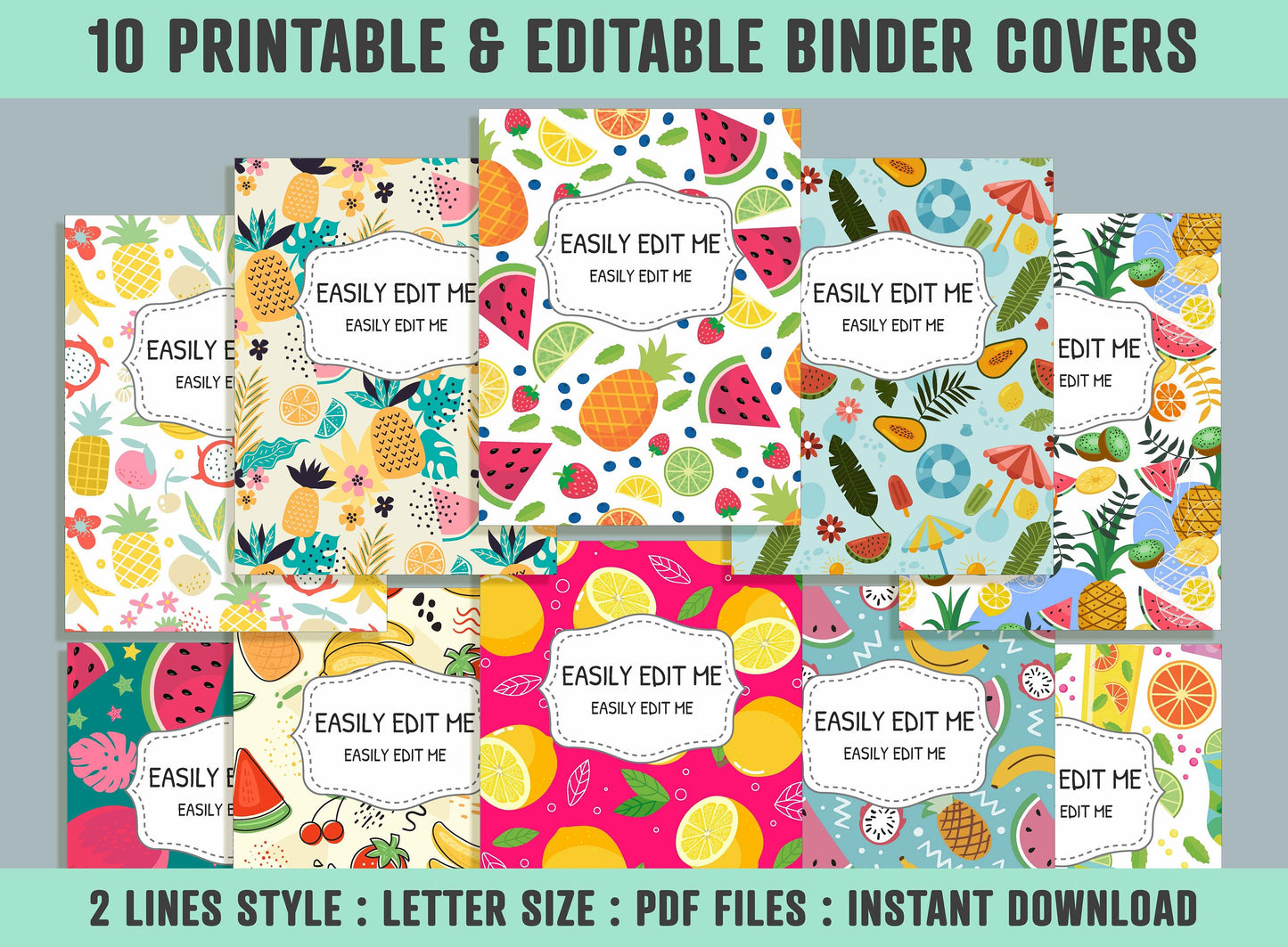 Summer Fruits and Berries Binder Cover, 10 Printable & Editable Covers+Spines, Teacher/School Binder, Planner Cover Template, Binder Inserts