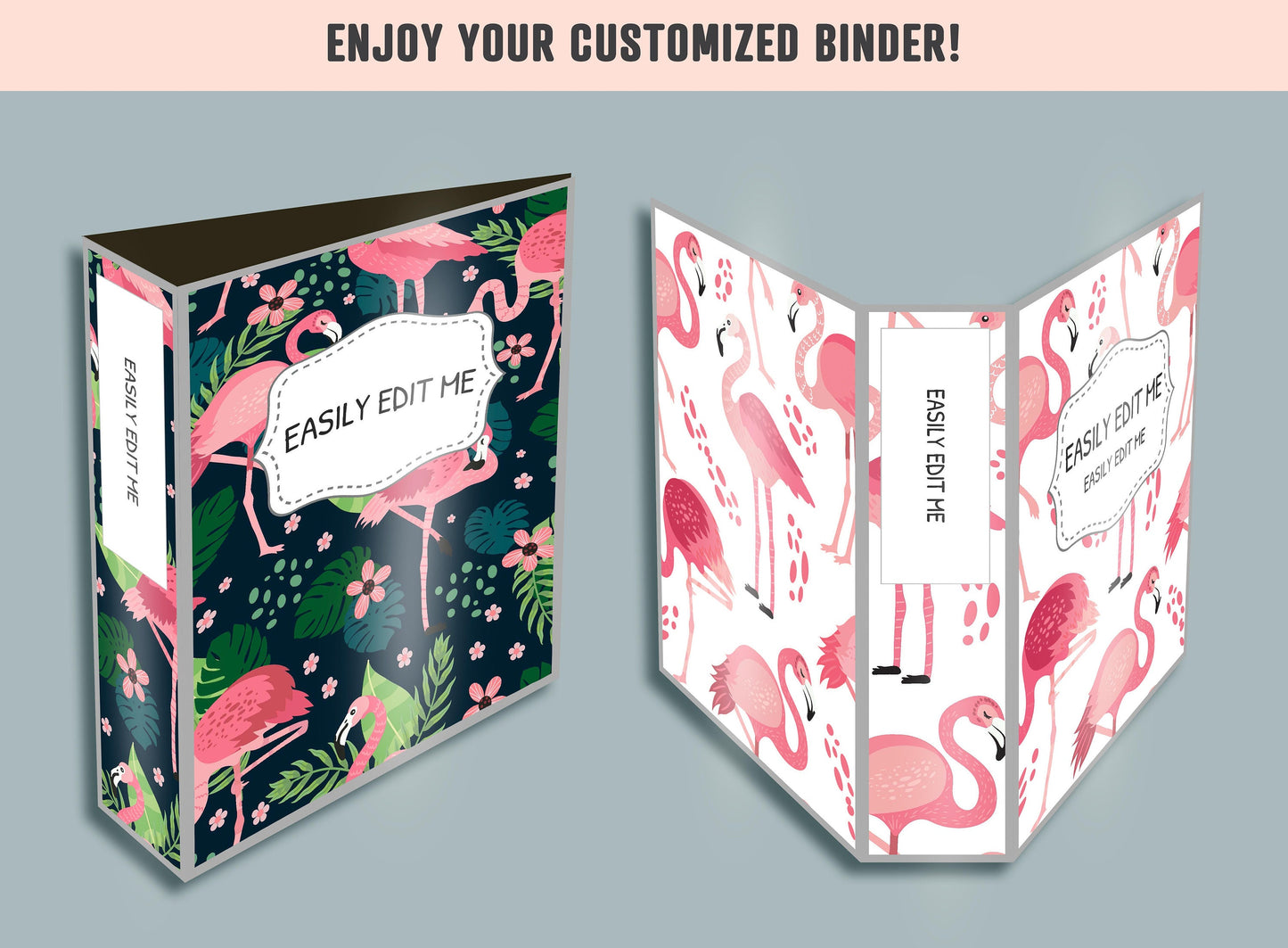 Flamingos in Different Poses Binder Cover, 10 Printable & Editable Covers + Spines, Teacher/School Binder Labels, Inserts, Planner Template