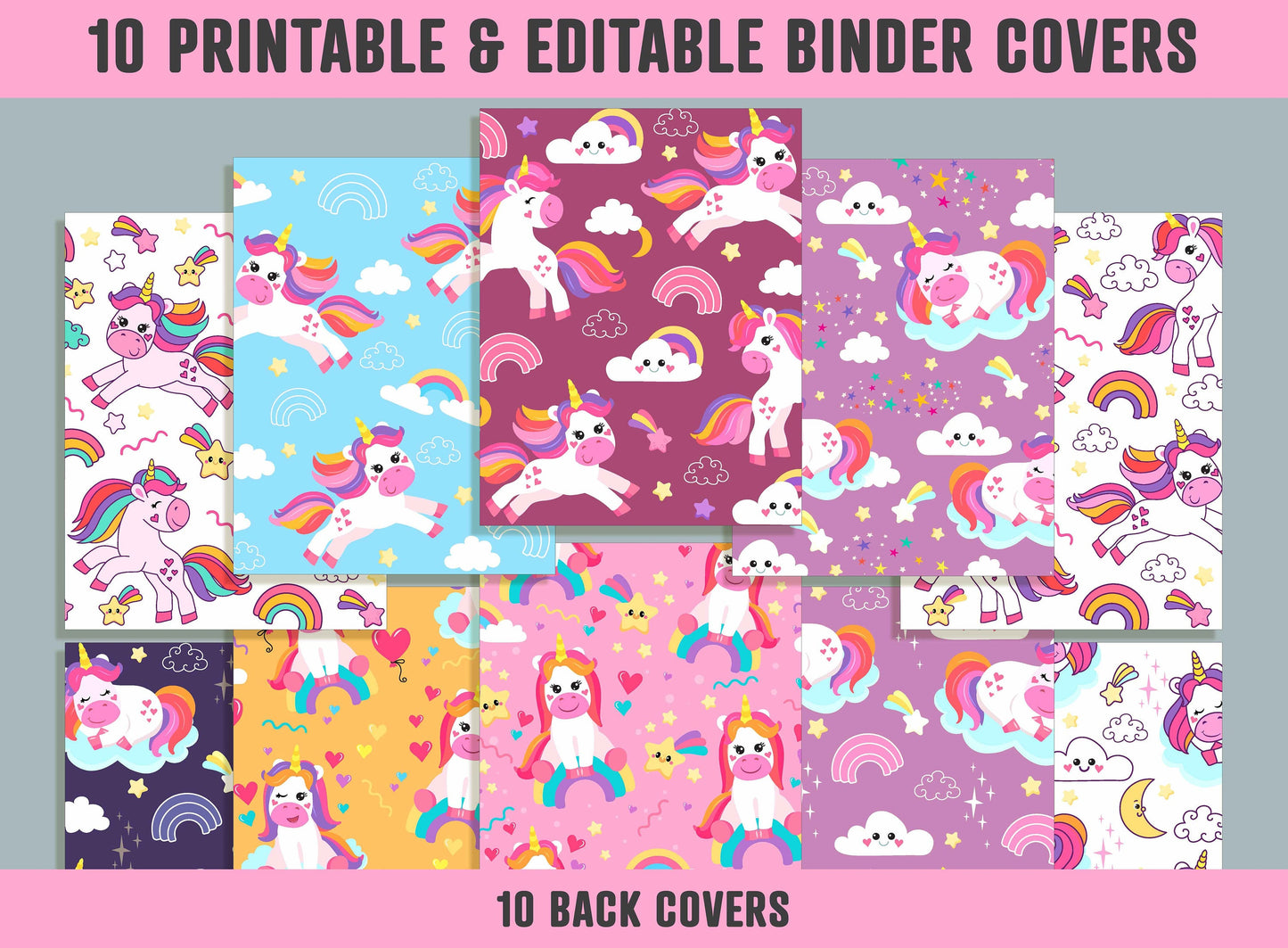 Colorful Unicorn Binder Cover, 10 Printable & Editable Covers + Spines, Teacher/School Binder Labels, Folder Inserts, Planner Template