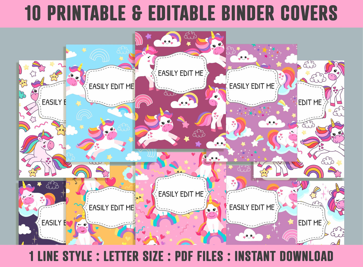 Colorful Unicorn Binder Cover, 10 Printable & Editable Covers + Spines, Teacher/School Binder Labels, Folder Inserts, Planner Template
