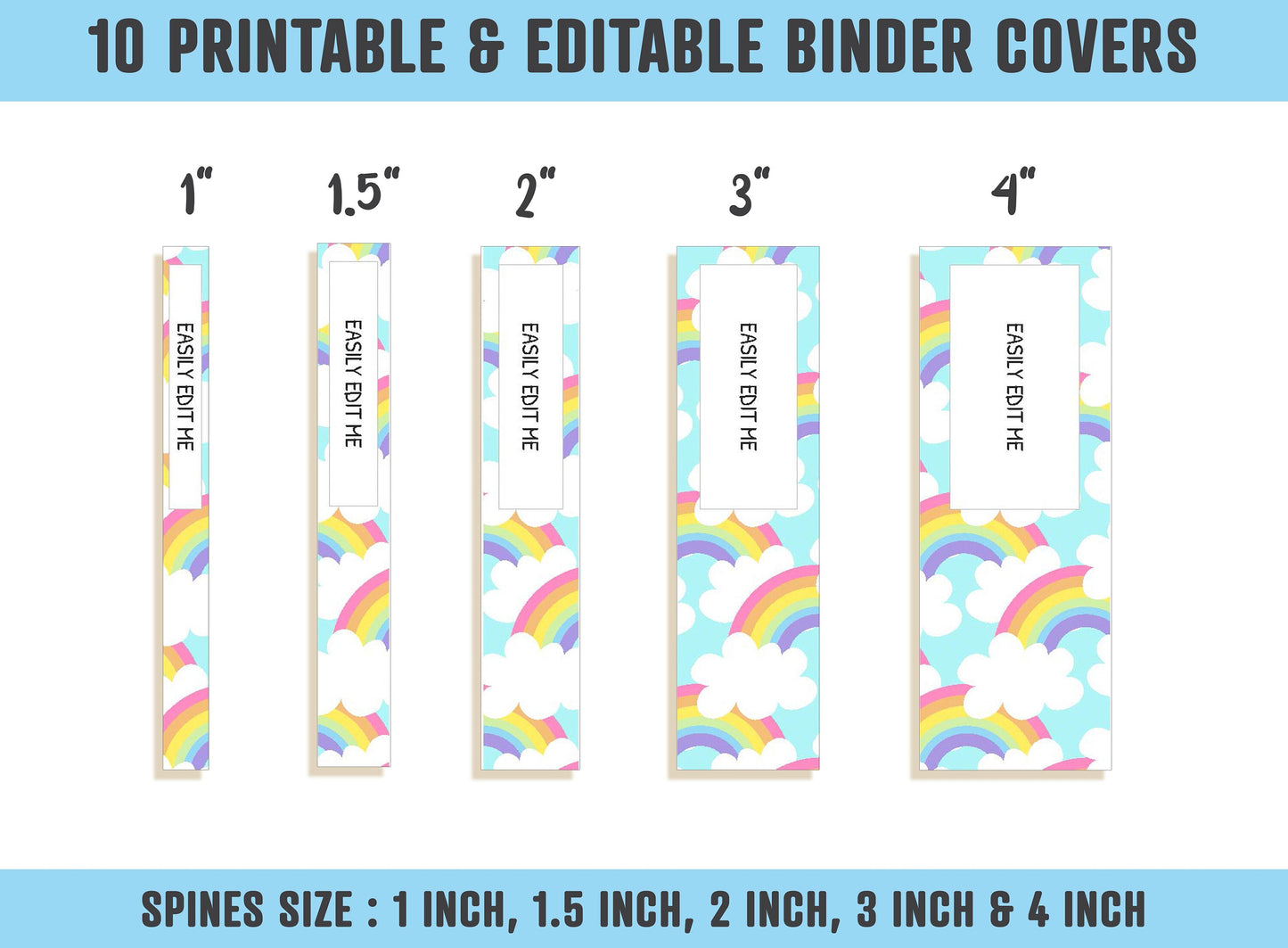 Sweet Rainbow Binder Cover, 10 Printable & Editable Binder Covers + Spines, Binder Inserts, Teacher/School Planner Cover Template
