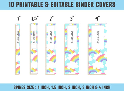 Sweet Rainbow Binder Cover, 10 Printable & Editable Binder Covers + Spines, Binder Inserts, Teacher/School Planner Cover Template