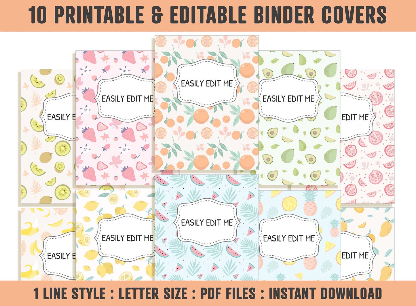 Tropical Fruits and Berries Binder Cover, 10 Printable & Editable Binder Covers+Spines, Binder Inserts,Teacher/School Planner Cover Template