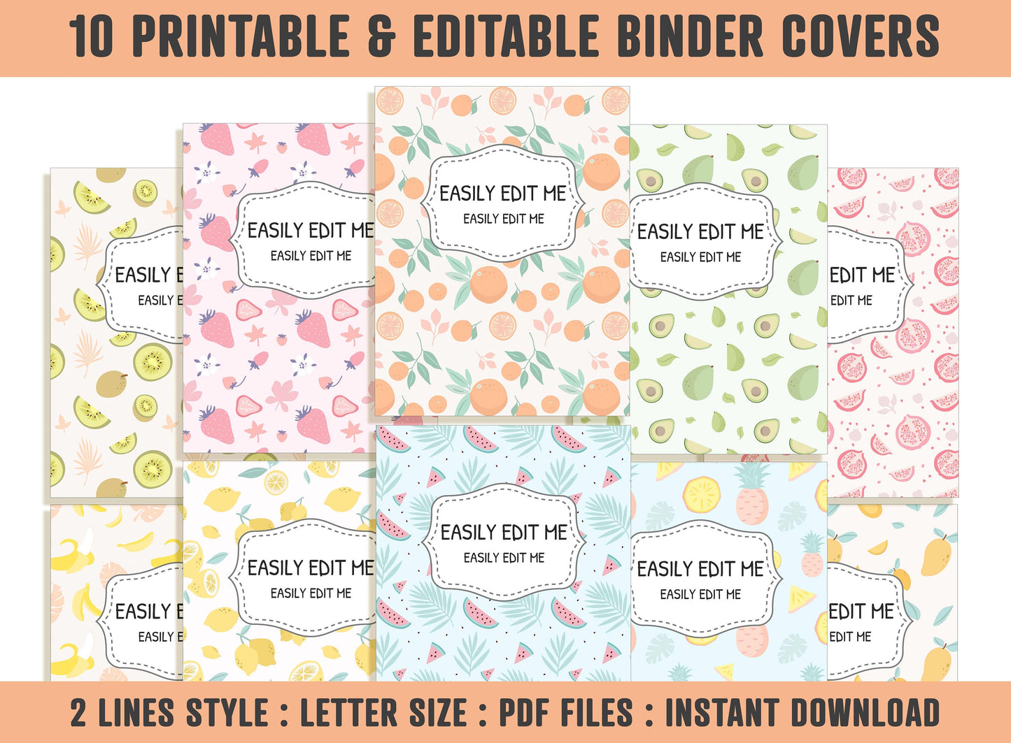Tropical Fruits and Berries Binder Cover, 10 Printable & Editable Binder Covers+Spines, Binder Inserts,Teacher/School Planner Cover Template