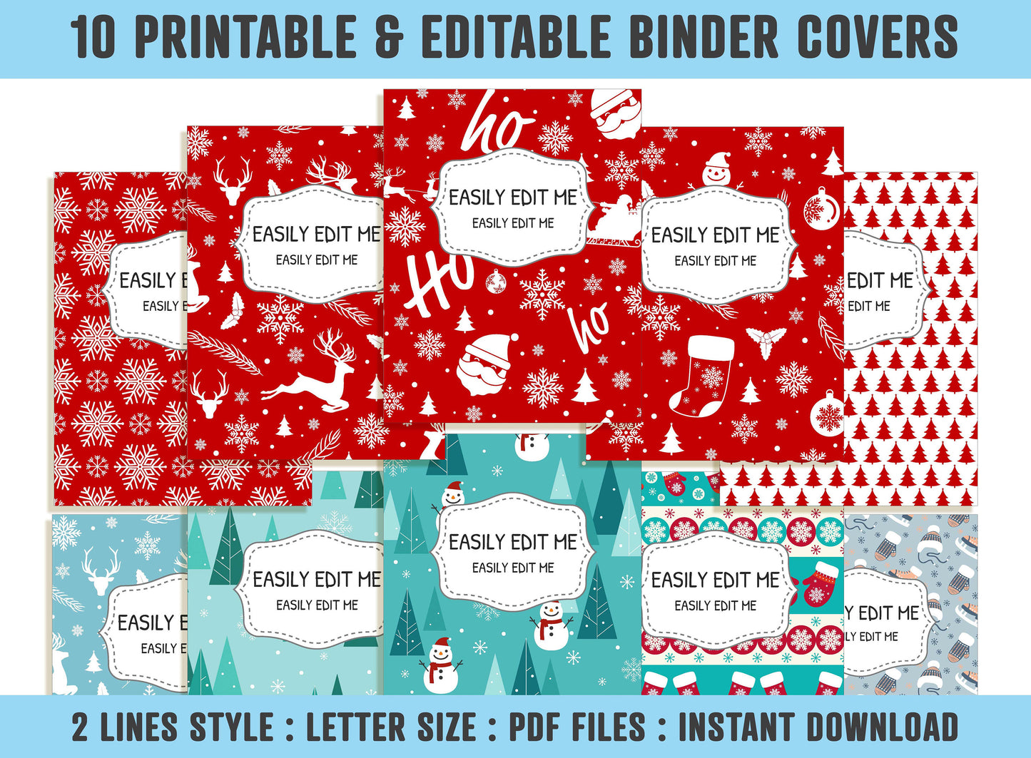 Christmas, Snowman, Santa Claus, Snowflakes, Winter Binder Cover, 10 Printable & Editable Binder Covers + Spines, Holiday Planner Template