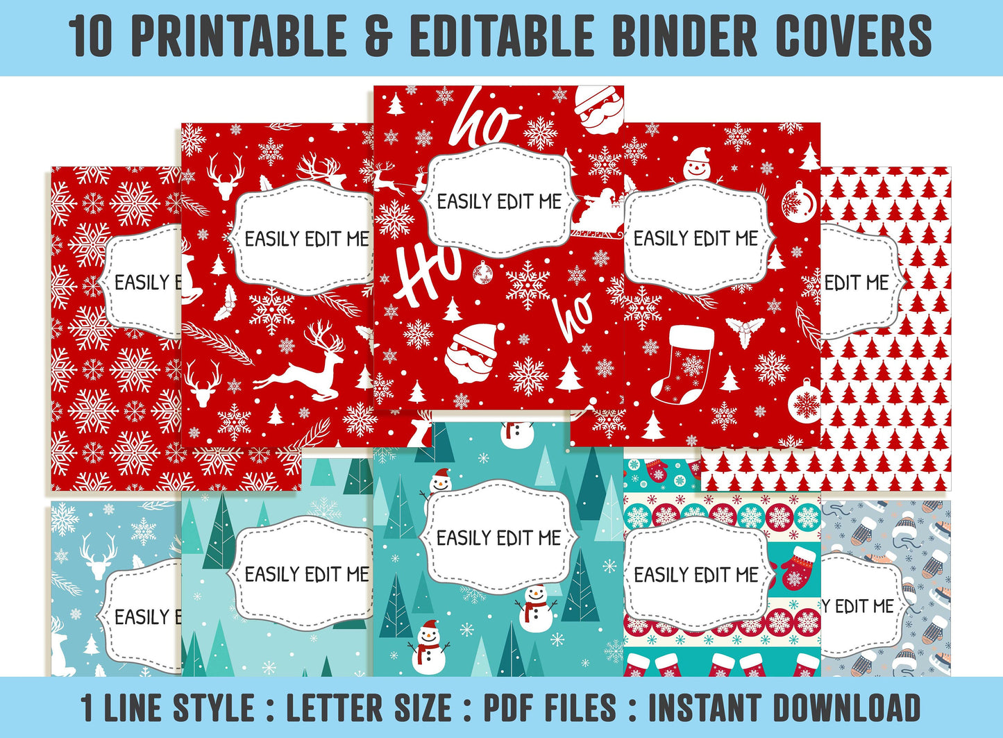 Christmas, Snowman, Santa Claus, Snowflakes, Winter Binder Cover, 10 Printable & Editable Binder Covers + Spines, Holiday Planner Template