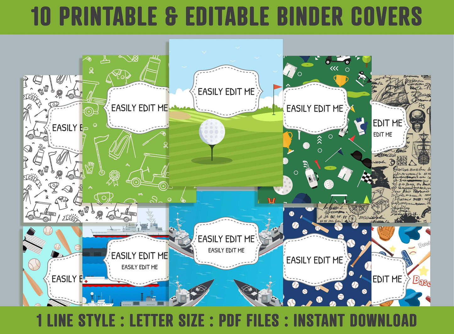 Golf, Marine and Baseball Binder Cover, 10 Printable & Editable Binder Covers+Spines, Binder Inserts, Teacher/School Planner Cover Template