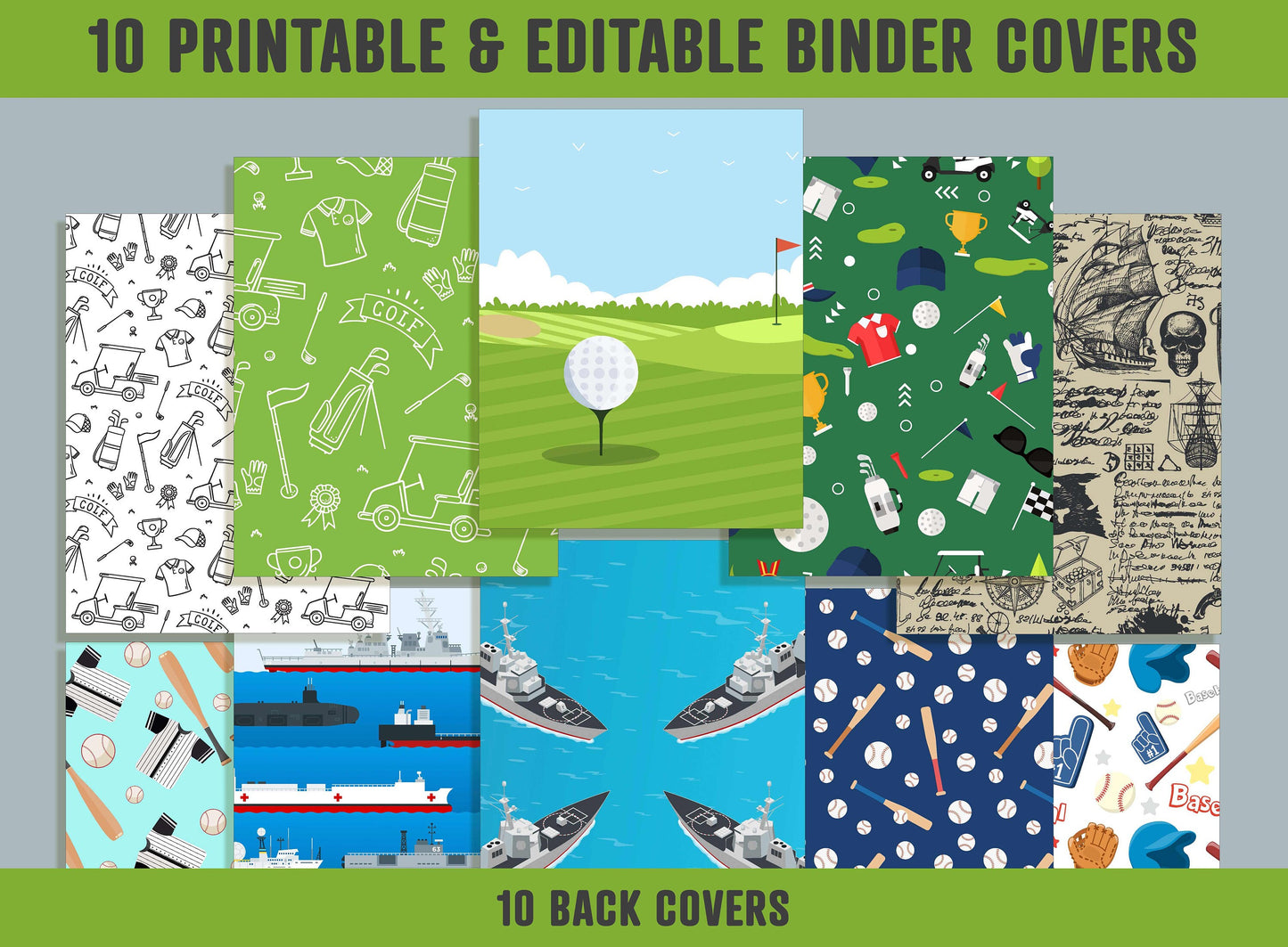 Golf, Marine and Baseball Binder Cover, 10 Printable & Editable Binder Covers+Spines, Binder Inserts, Teacher/School Planner Cover Template