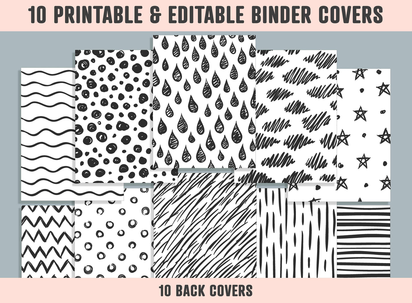 Texture, Curved Lines Binder Cover, 10 Printable & Editable Black/White Binder Covers + Spines, Binder Inserts, Teacher/School Planner Cover
