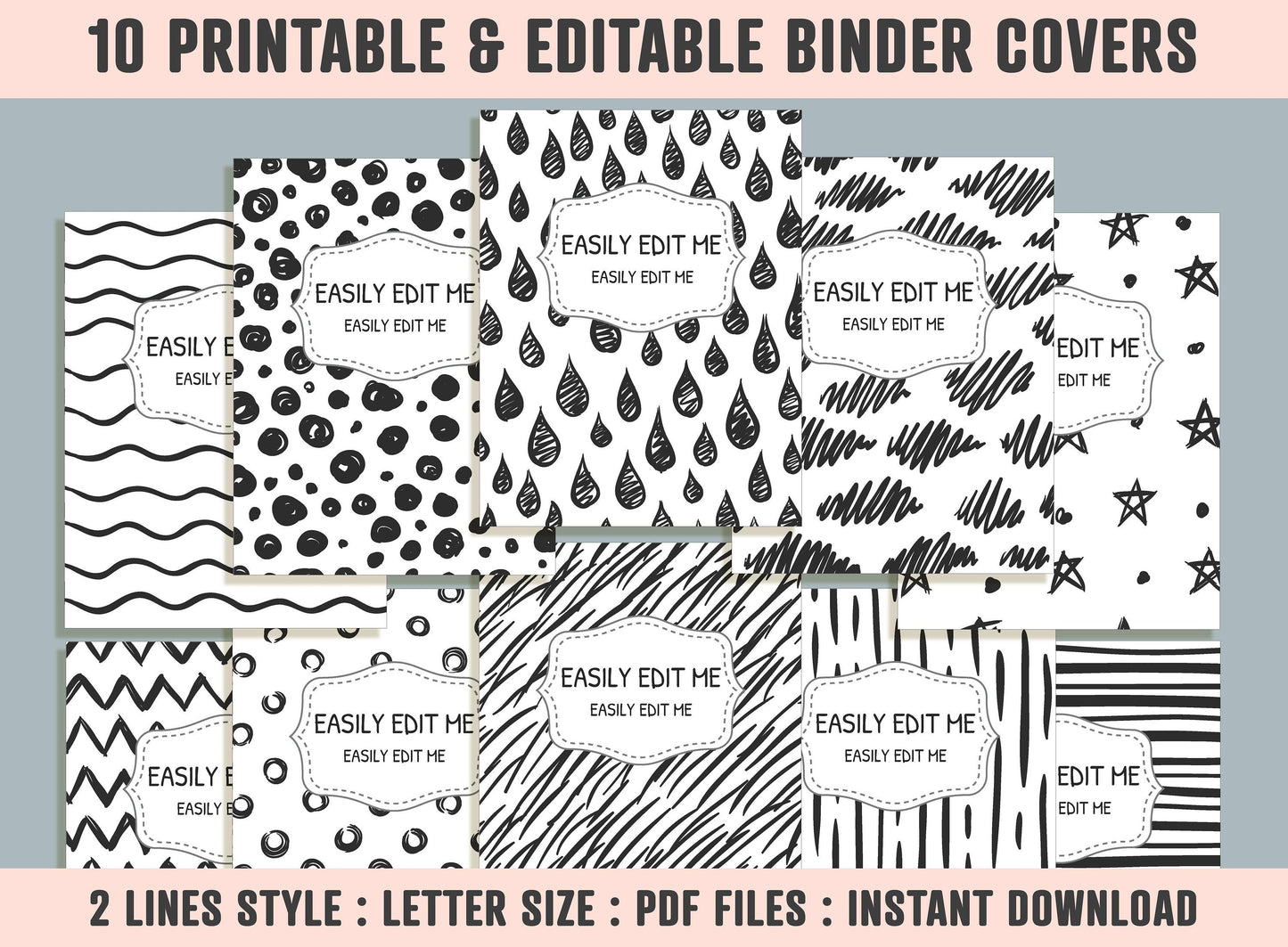 Texture, Curved Lines Binder Cover, 10 Printable & Editable Black/White Binder Covers + Spines, Binder Inserts, Teacher/School Planner Cover