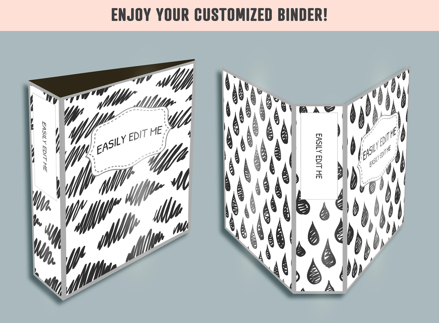 Texture, Curved Lines Binder Cover, 10 Printable & Editable Black/White Binder Covers + Spines, Binder Inserts, Teacher/School Planner Cover