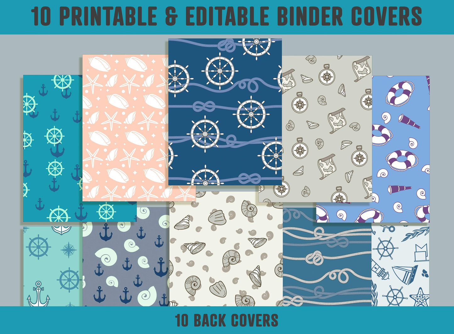 Marine Binder Cover, 10 Printable & Editable Binder Covers + Spines, Binder Inserts, Teacher/School Planner Cover Template