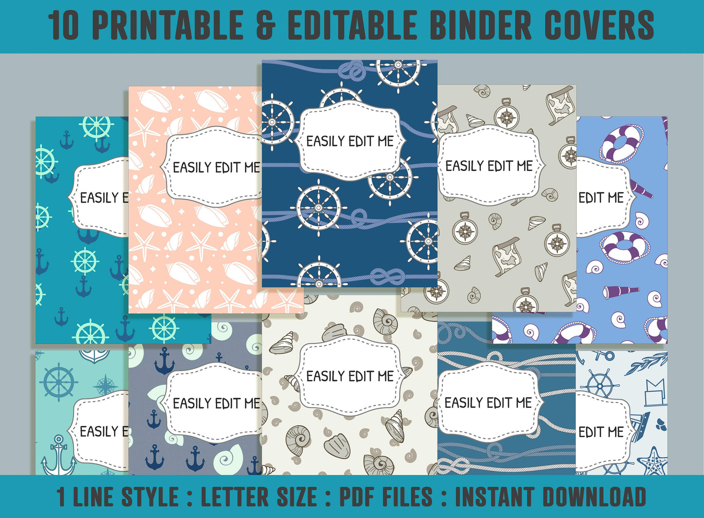 Marine Binder Cover, 10 Printable & Editable Binder Covers + Spines, Binder Inserts, Teacher/School Planner Cover Template