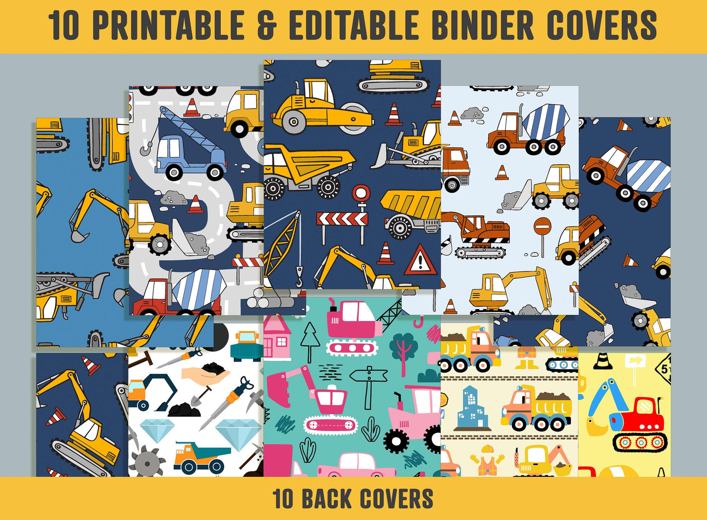 Construction Truck Binder Cover, 10 Printable & Editable Binder Covers+Spines, Binder Cover Inserts, Planner Template, Teacher/School Binder