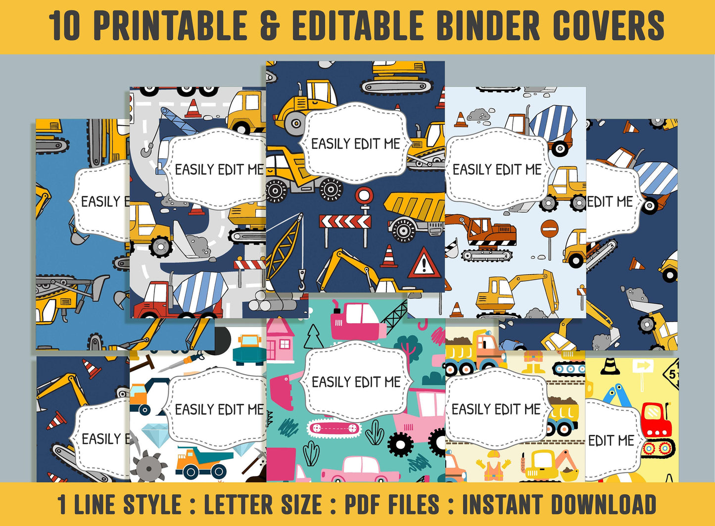 Construction Truck Binder Cover, 10 Printable & Editable Binder Covers+Spines, Binder Cover Inserts, Planner Template, Teacher/School Binder