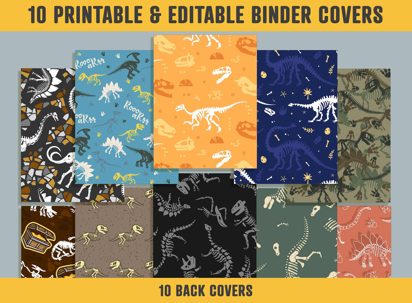 Dinosaur Skeleton Binder Cover, 10 Printable/Editable Binder Covers+Spines, Binder Insert, Planner Template for Teacher/School, Binder Label