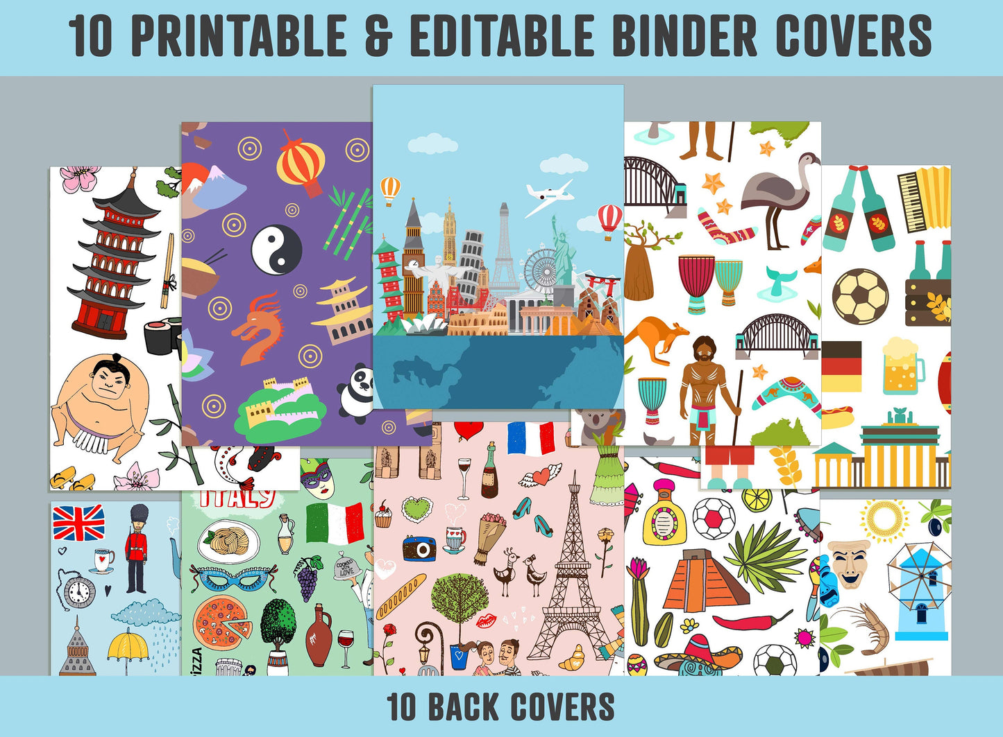 Travel To World, Cultural Travel Binder Cover, 10 Printable & Editable Binder Covers+Spines, Binder Inserts, Teacher/School Planner Template