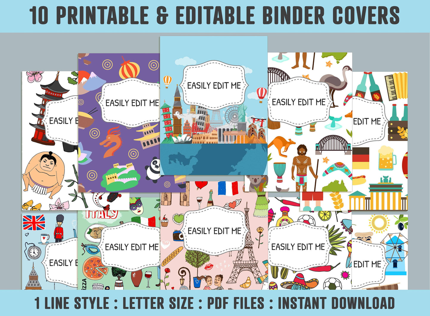 Travel To World, Cultural Travel Binder Cover, 10 Printable & Editable Binder Covers+Spines, Binder Inserts, Teacher/School Planner Template