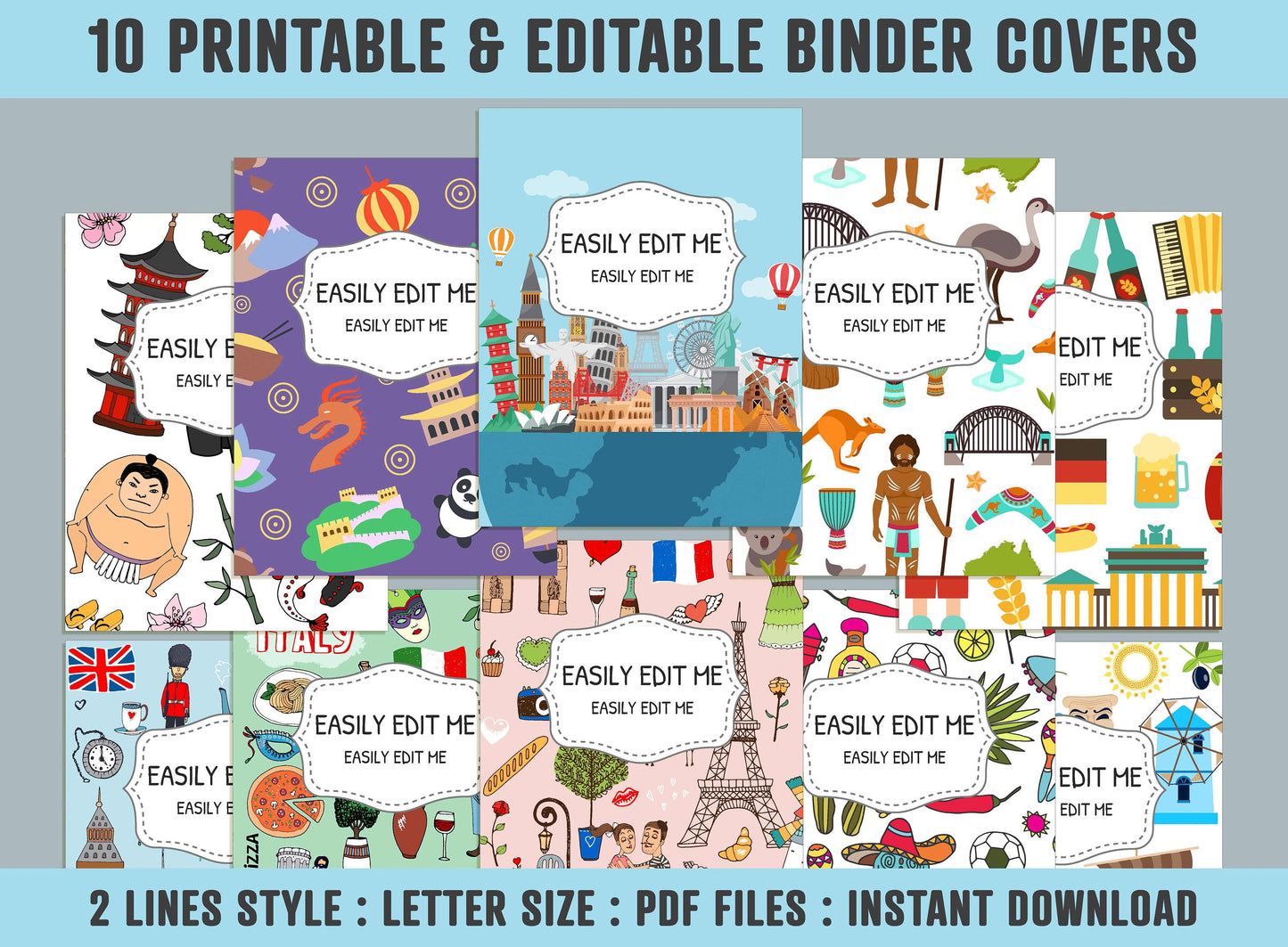 Travel To World, Cultural Travel Binder Cover, 10 Printable & Editable Binder Covers+Spines, Binder Inserts, Teacher/School Planner Template