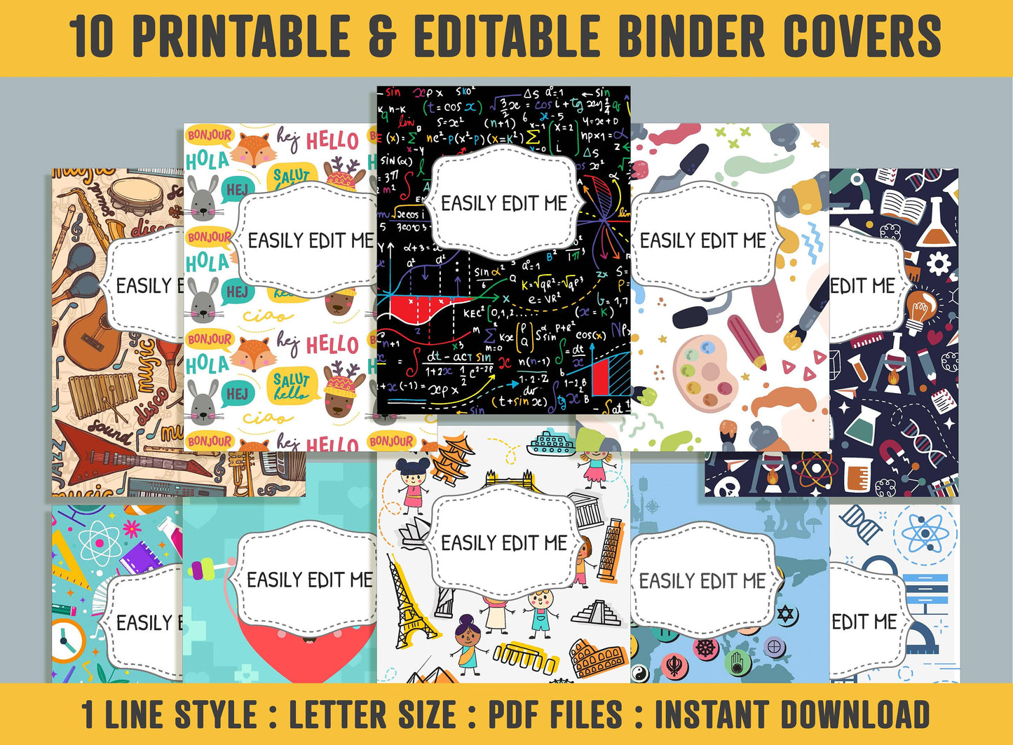 Subject Binder Covers, 10 Printable & Editable Binder Covers+Spines, Teacher/School Planner Template/Label/Insert, Subject Cover for Folder