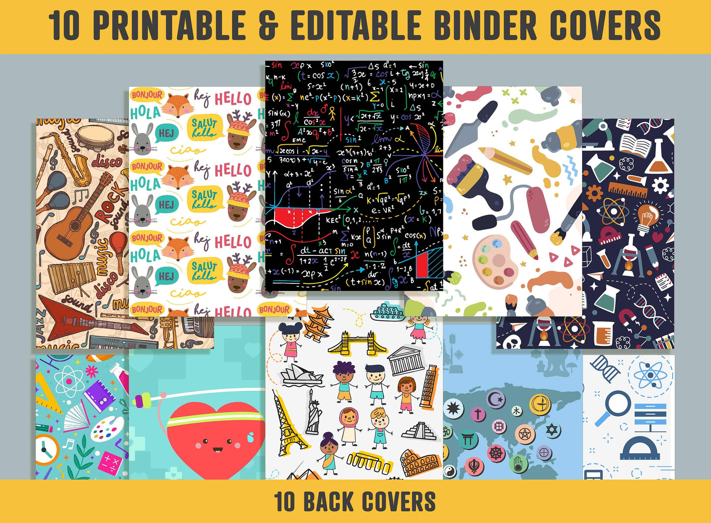 Subject Binder Covers, 10 Printable & Editable Binder Covers+Spines, Teacher/School Planner Template/Label/Insert, Subject Cover for Folder