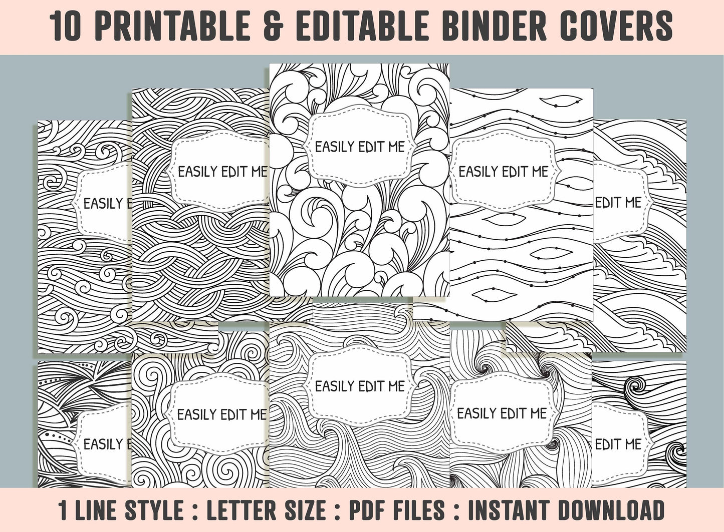 Abstract Wave Binder Cover, 10 Printable & Editable Binder Covers + Spines, Binder Inserts, Teacher/School Planner Cover Template