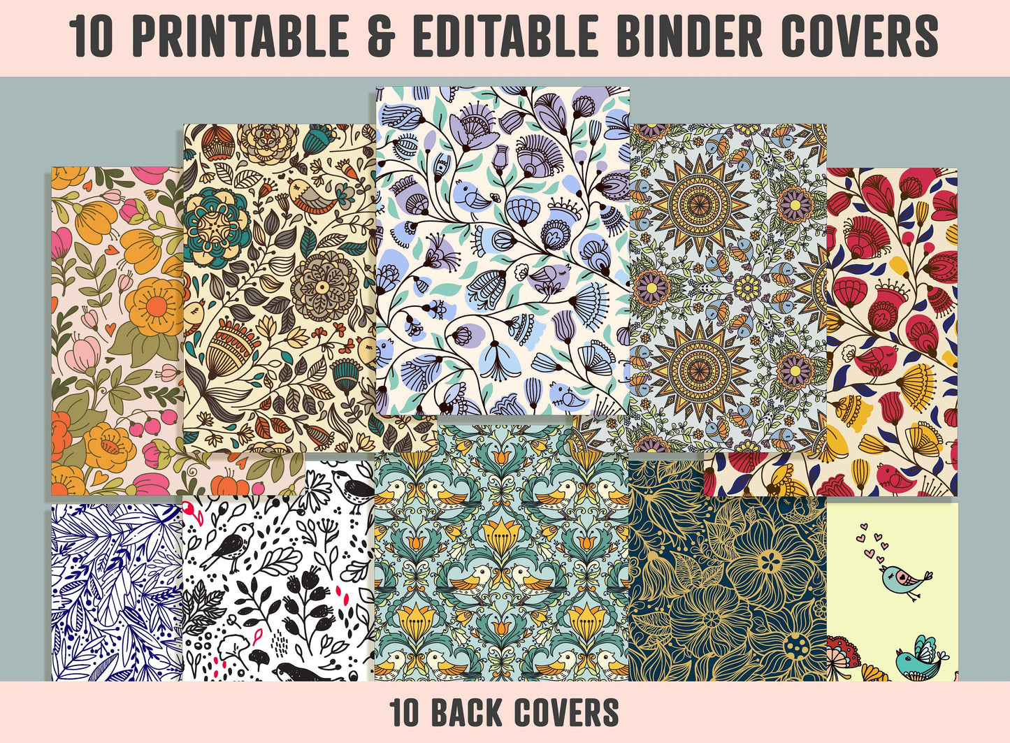 Flower and Birds Binder Cover, 10 Printable & Editable Binder Covers + Spines, Binder Inserts, Teacher/School Planner Cover Template