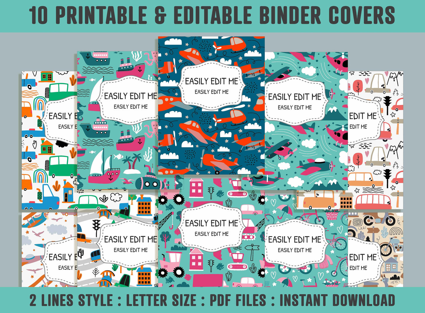 Vehicle Binder Template, 10 Printable & Editable Binder Covers+Spines, Binder Inserts, Teacher/School Planner Cover, Transport Binder Cover