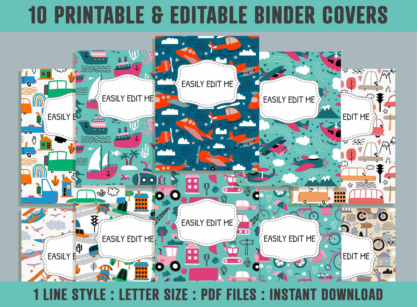 Vehicle Binder Template, 10 Printable & Editable Binder Covers+Spines, Binder Inserts, Teacher/School Planner Cover, Transport Binder Cover