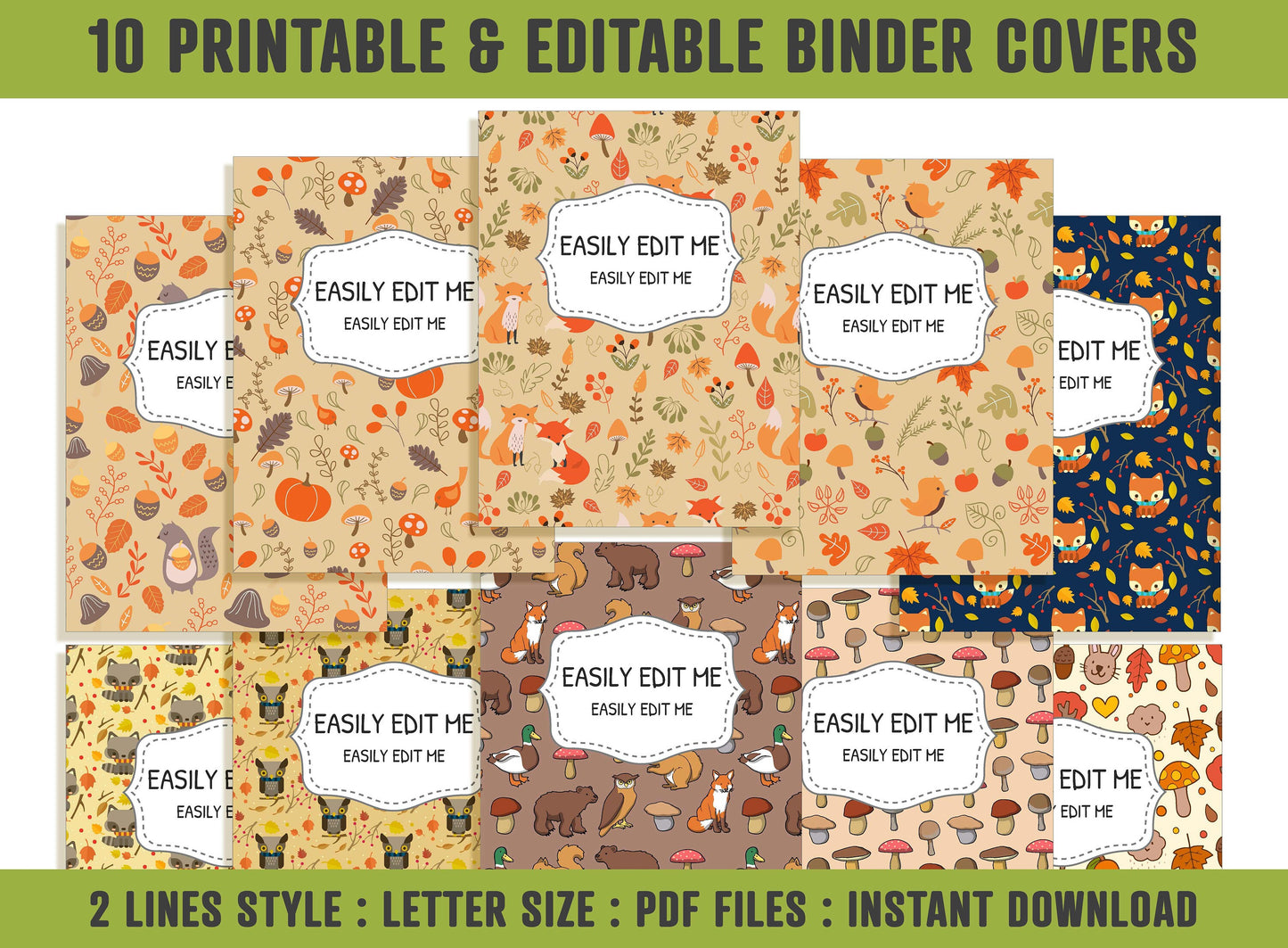 Autumn Patterns with Flowers and Animals Binder Cover, 10 Printable & Editable Binder Covers+Spines, Binder Inserts, Teacher/School Planner