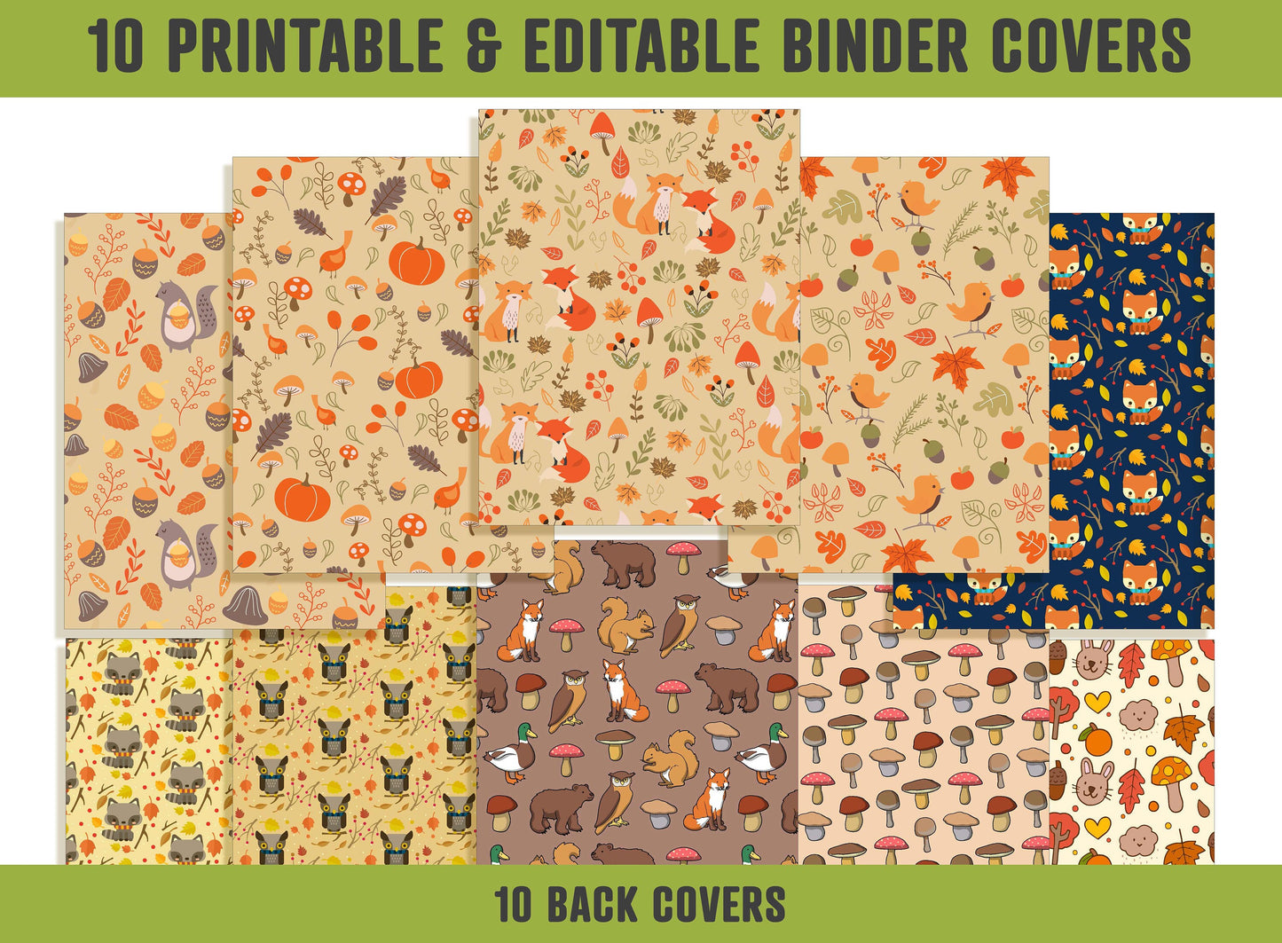 Autumn Patterns with Flowers and Animals Binder Cover, 10 Printable & Editable Binder Covers+Spines, Binder Inserts, Teacher/School Planner